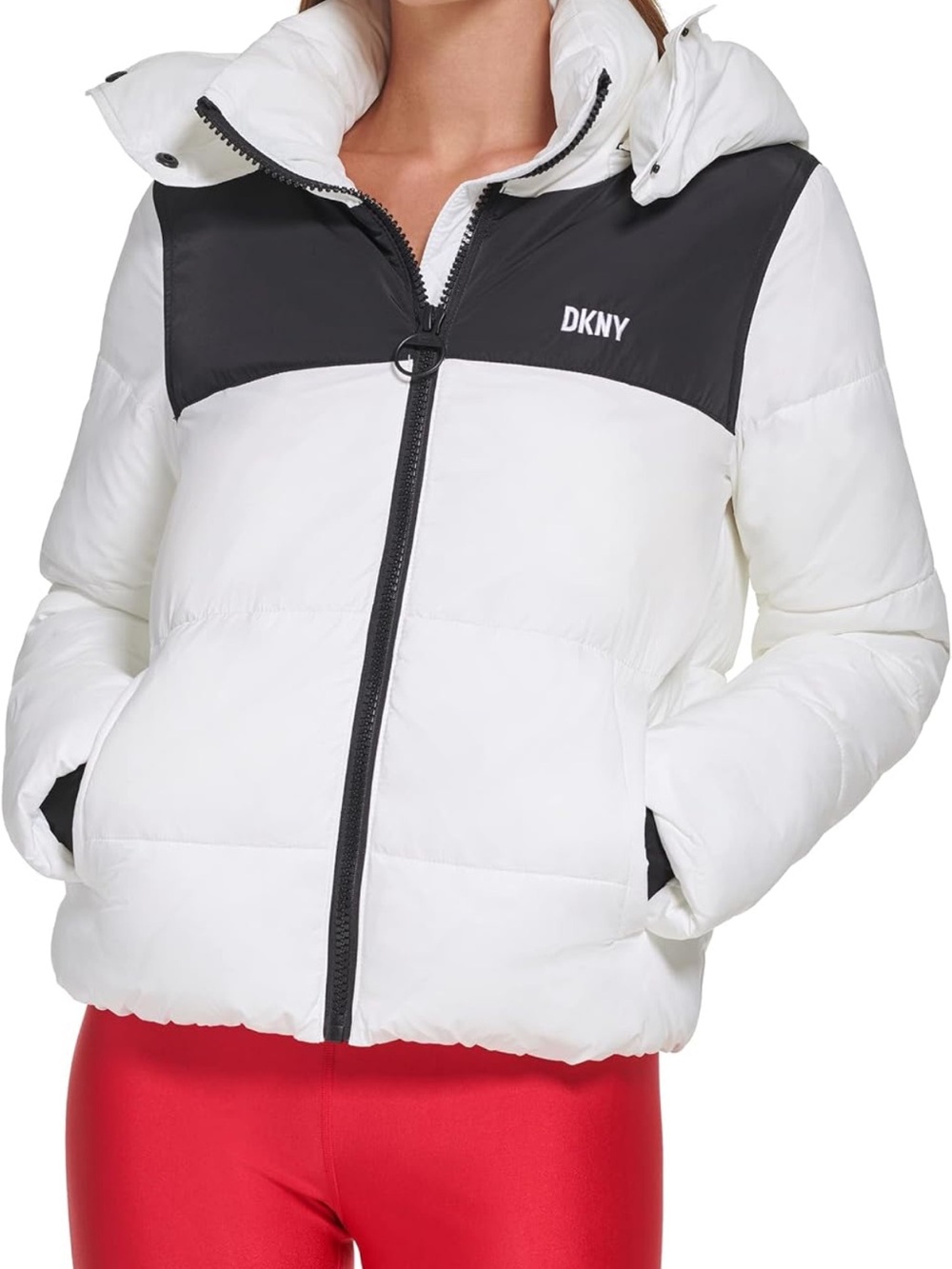 Dkny White and Black Colorblock Puffer Jacket